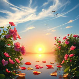 A serene landscape representing the theme of love, featuring soft pink and red flowers blooming under a gentle golden sunset