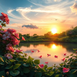 A serene landscape representing the theme of love, featuring soft pink and red flowers blooming under a gentle golden sunset