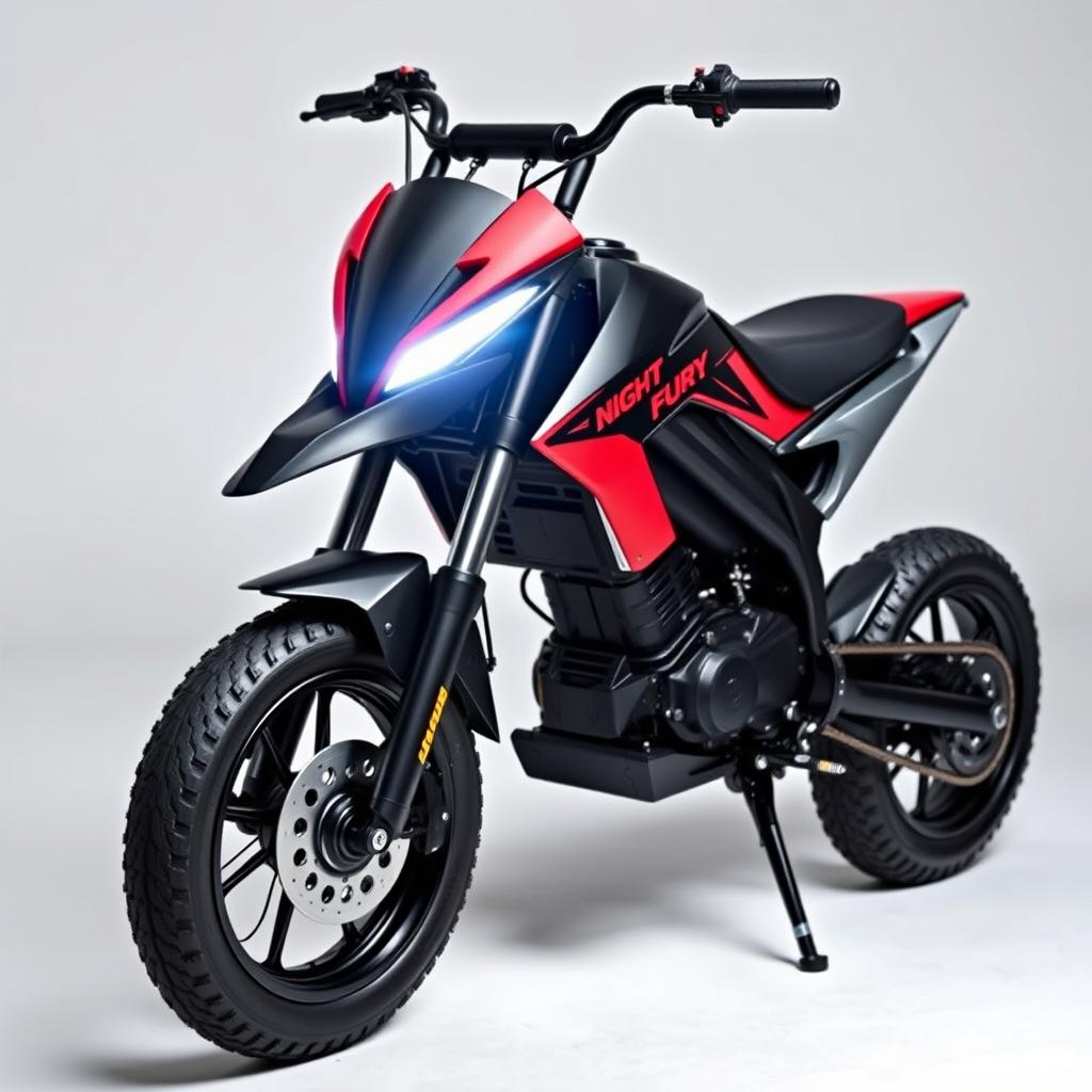 A unique electric pit bike with sharp contours and a sleek design, featuring a fashionable and modern aesthetic in a striking black and red color combination