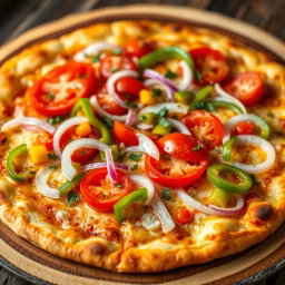 A vibrant pizza featuring a zesty medley of fresh, crunchy onions, ripe juicy tomatoes, and colorful, vibrant capsicum, all harmoniously blended on a golden cheesy crust