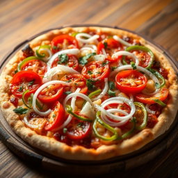 A vibrant pizza featuring a zesty medley of fresh, crunchy onions, ripe juicy tomatoes, and colorful, vibrant capsicum, all harmoniously blended on a golden cheesy crust