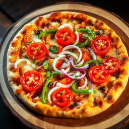 A vibrant pizza featuring a zesty medley of fresh, crunchy onions, ripe juicy tomatoes, and colorful, vibrant capsicum, all harmoniously blended on a golden cheesy crust