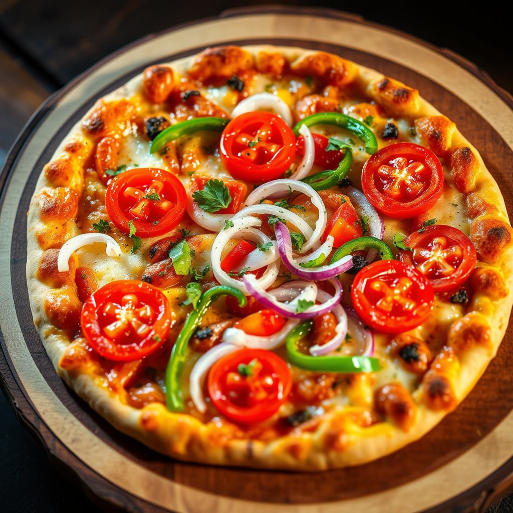 A vibrant pizza featuring a zesty medley of fresh, crunchy onions, ripe juicy tomatoes, and colorful, vibrant capsicum, all harmoniously blended on a golden cheesy crust