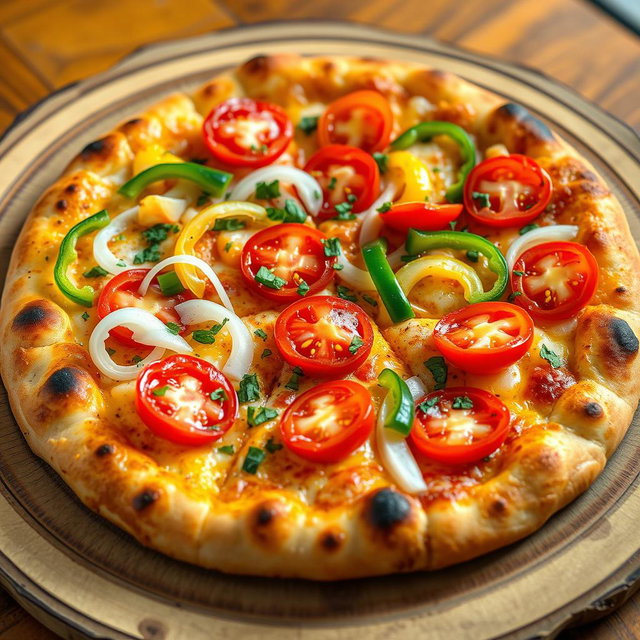 A vibrant pizza featuring a zesty medley of fresh, crunchy onions, ripe juicy tomatoes, and colorful, vibrant capsicum, all harmoniously blended on a golden cheesy crust