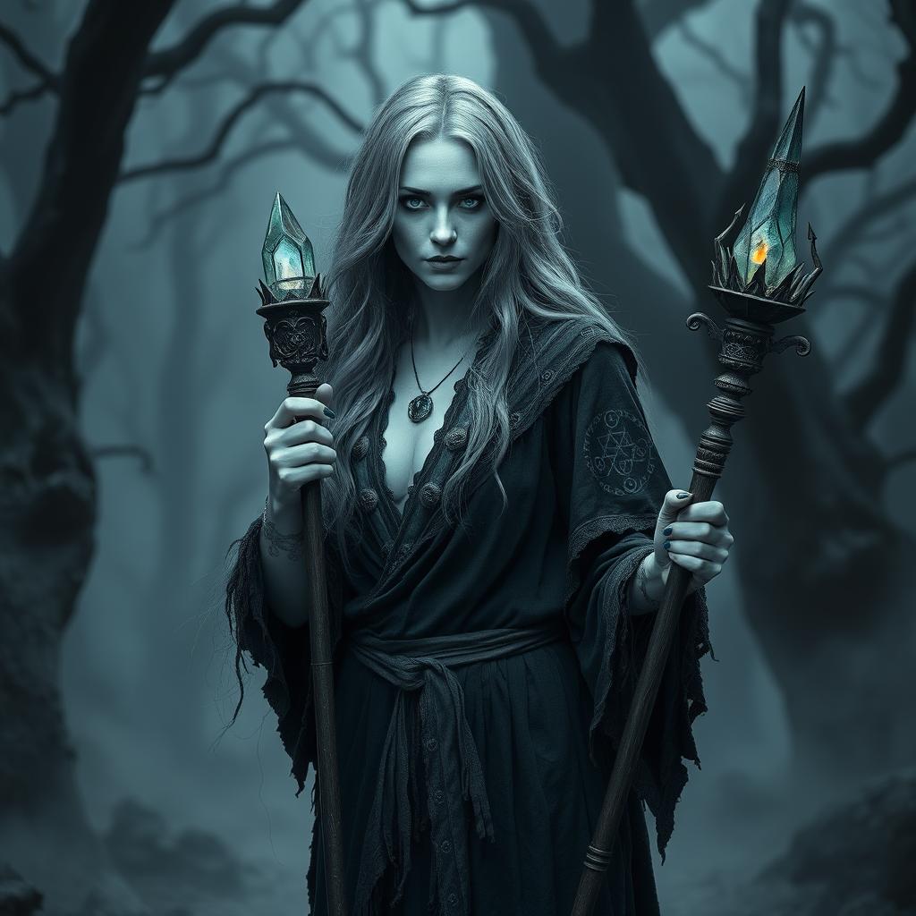 A middle-aged witch standing in a mysterious forest, characterized by her pale white skin that contrasts with her dark surroundings