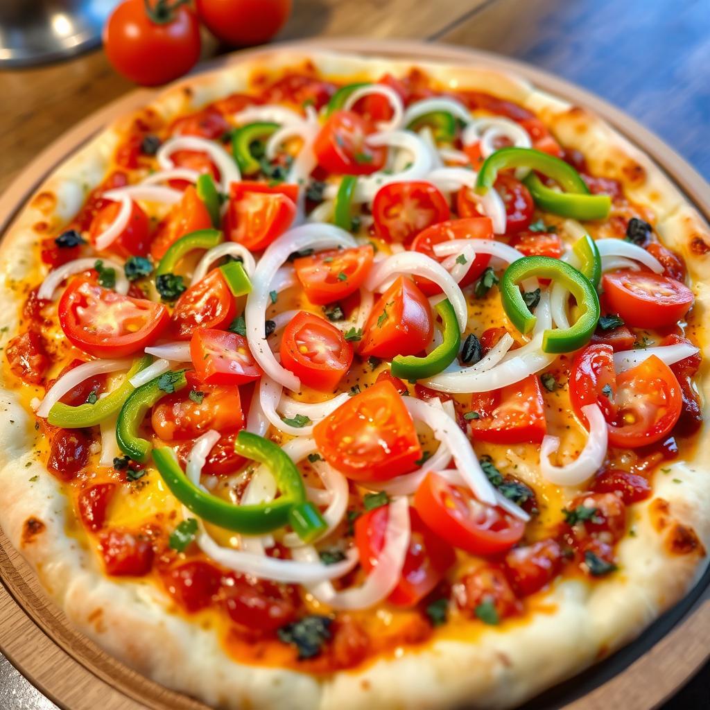 A delicious pizza showcasing a zesty medley of fresh, crunchy onions, ripe tomatoes, and vibrant capsicum, all layered on a golden, cheesy crust