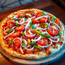 A delicious pizza showcasing a zesty medley of fresh, crunchy onions, ripe tomatoes, and vibrant capsicum, all layered on a golden, cheesy crust