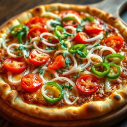 A delicious pizza showcasing a zesty medley of fresh, crunchy onions, ripe tomatoes, and vibrant capsicum, all layered on a golden, cheesy crust