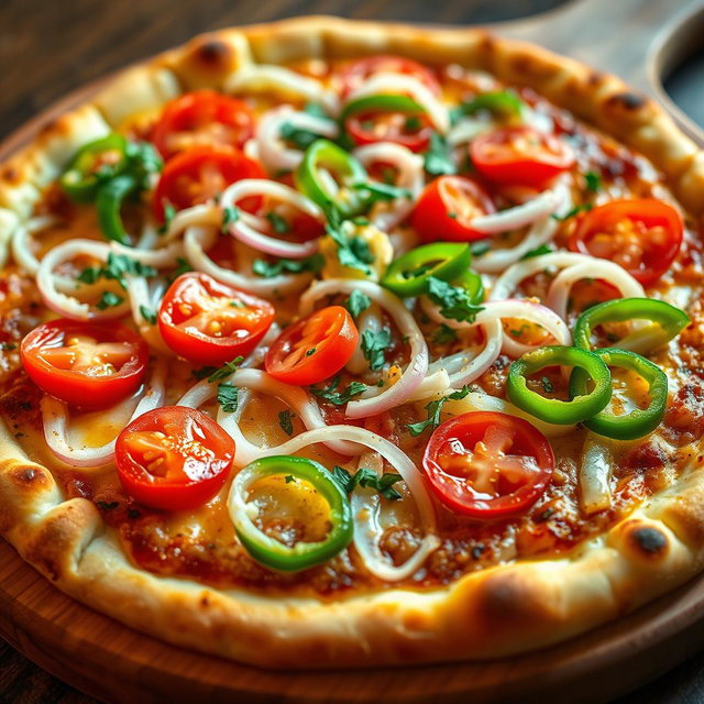 A delicious pizza showcasing a zesty medley of fresh, crunchy onions, ripe tomatoes, and vibrant capsicum, all layered on a golden, cheesy crust