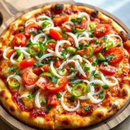 A delicious pizza showcasing a zesty medley of fresh, crunchy onions, ripe tomatoes, and vibrant capsicum, all layered on a golden, cheesy crust