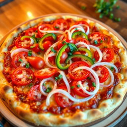 A vibrant, appetizing pizza featuring a zesty medley of fresh, crispy onions, ripe, juicy tomatoes, and colorful, vibrant capsicum, all artfully arranged on a golden, cheesy crust