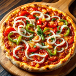 A vibrant, appetizing pizza featuring a zesty medley of fresh, crispy onions, ripe, juicy tomatoes, and colorful, vibrant capsicum, all artfully arranged on a golden, cheesy crust