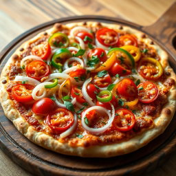 A vibrant, appetizing pizza featuring a zesty medley of fresh, crispy onions, ripe, juicy tomatoes, and colorful, vibrant capsicum, all artfully arranged on a golden, cheesy crust