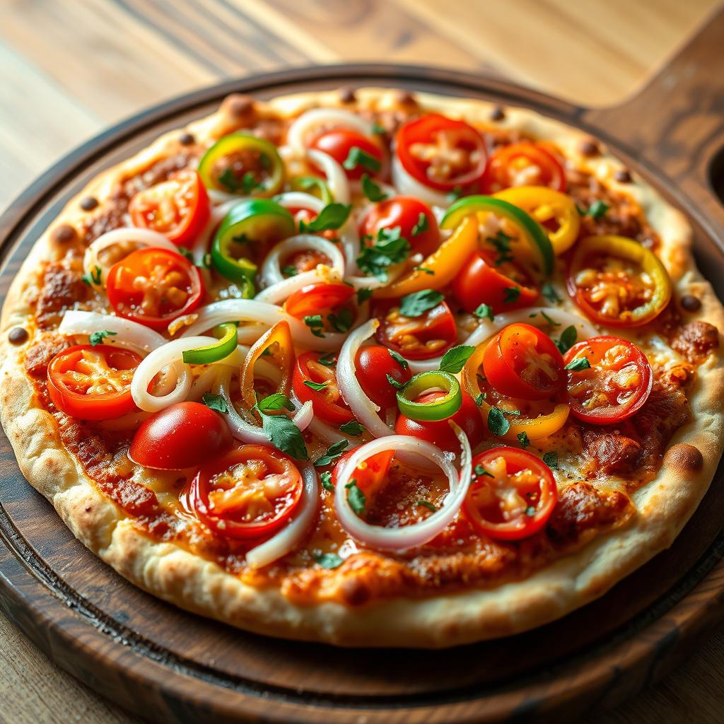 A vibrant, appetizing pizza featuring a zesty medley of fresh, crispy onions, ripe, juicy tomatoes, and colorful, vibrant capsicum, all artfully arranged on a golden, cheesy crust