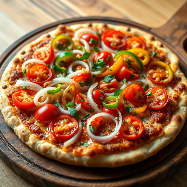 A vibrant, appetizing pizza featuring a zesty medley of fresh, crispy onions, ripe, juicy tomatoes, and colorful, vibrant capsicum, all artfully arranged on a golden, cheesy crust