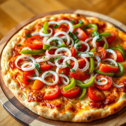 A vibrant, appetizing pizza featuring a zesty medley of fresh, crispy onions, ripe, juicy tomatoes, and colorful, vibrant capsicum, all artfully arranged on a golden, cheesy crust