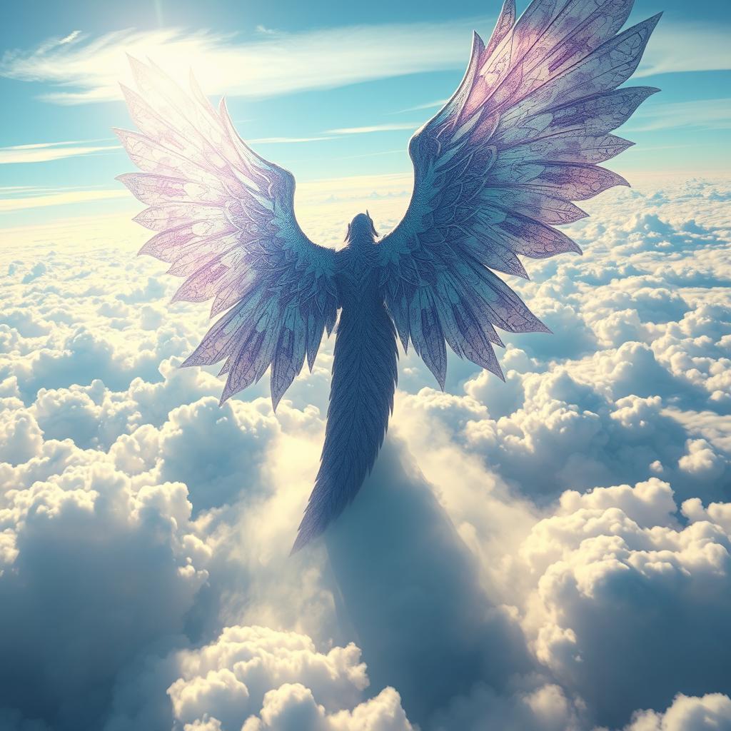 A colossal Sky Titan towering above the clouds, featuring massive, intricate wings that span the horizon