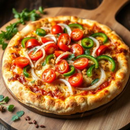 A mouthwatering pizza adorned with a zesty medley of fresh, crisp onions, vibrant red tomatoes, and colorful green capsicum, all resting on a perfectly baked golden cheesy crust