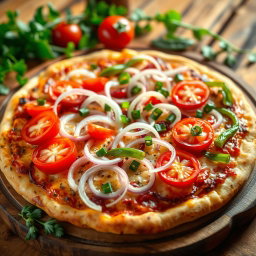 A mouthwatering pizza adorned with a zesty medley of fresh, crisp onions, vibrant red tomatoes, and colorful green capsicum, all resting on a perfectly baked golden cheesy crust