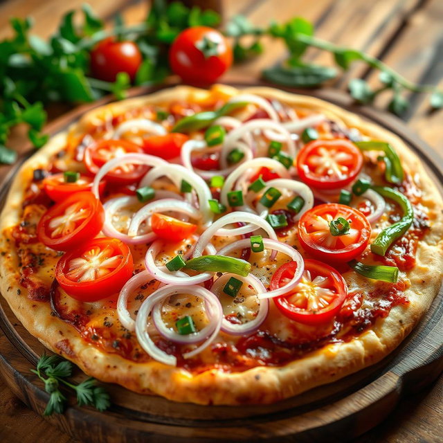 A mouthwatering pizza adorned with a zesty medley of fresh, crisp onions, vibrant red tomatoes, and colorful green capsicum, all resting on a perfectly baked golden cheesy crust
