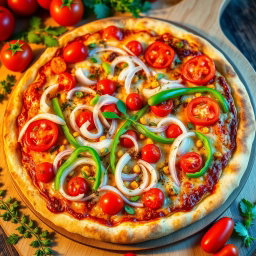 A mouthwatering pizza adorned with a zesty medley of fresh, crisp onions, vibrant red tomatoes, and colorful green capsicum, all resting on a perfectly baked golden cheesy crust