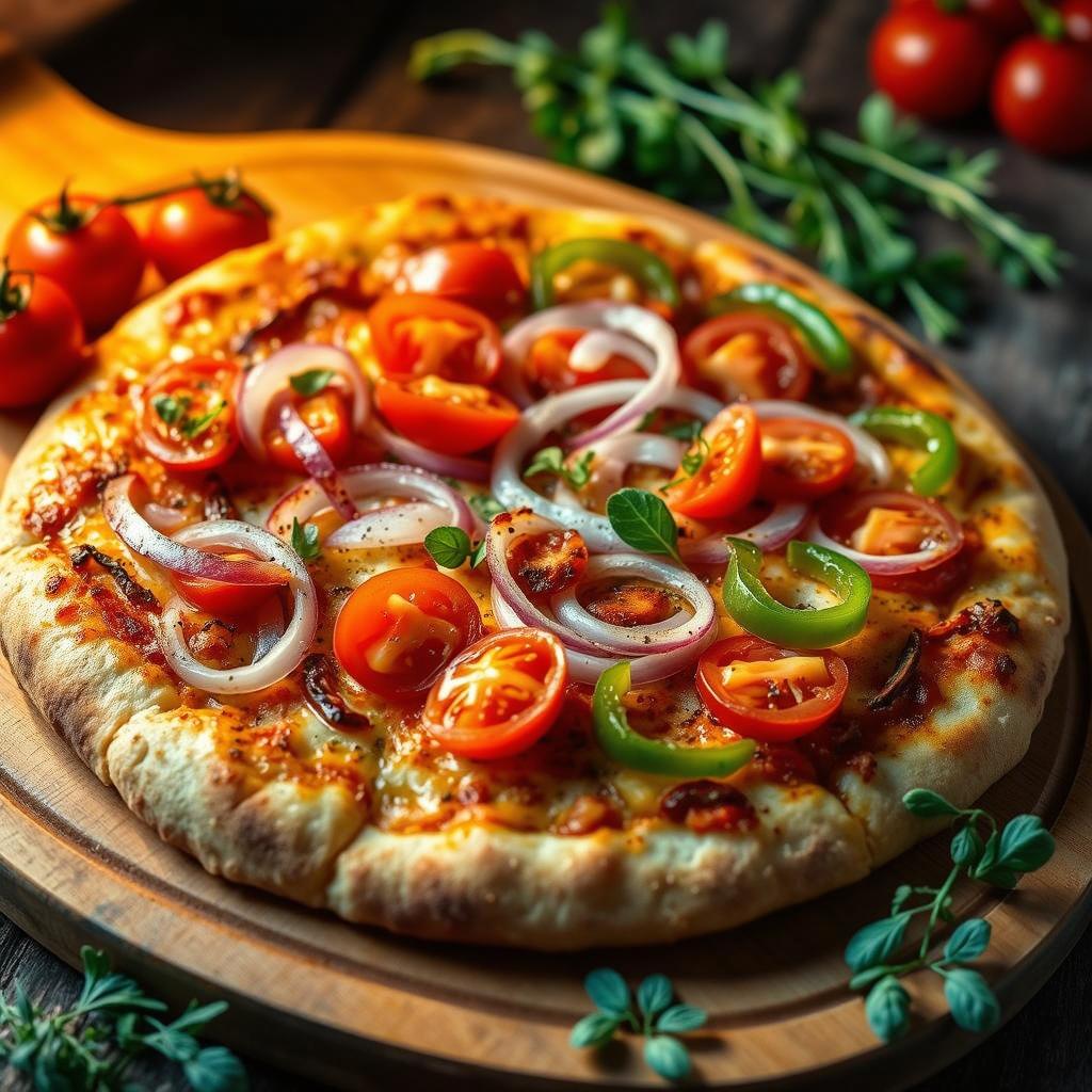 A delicious pizza featuring a zesty medley of fresh onions, bright cherry tomatoes, and colorful bell peppers (capsicum), all elegantly placed on a golden, cheesy crust