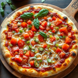 A delicious pizza adorned with a zesty medley of fresh chopped onions, ripe tomatoes, and vibrant green and red capsicum, all nestled on a perfectly baked, cheesy crust