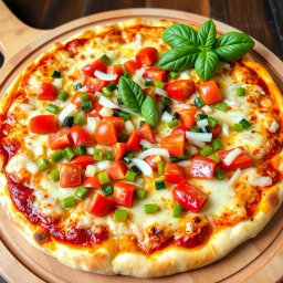 A delicious pizza adorned with a zesty medley of fresh chopped onions, ripe tomatoes, and vibrant green and red capsicum, all nestled on a perfectly baked, cheesy crust