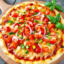 A delicious pizza adorned with a zesty medley of fresh chopped onions, ripe tomatoes, and vibrant green and red capsicum, all nestled on a perfectly baked, cheesy crust
