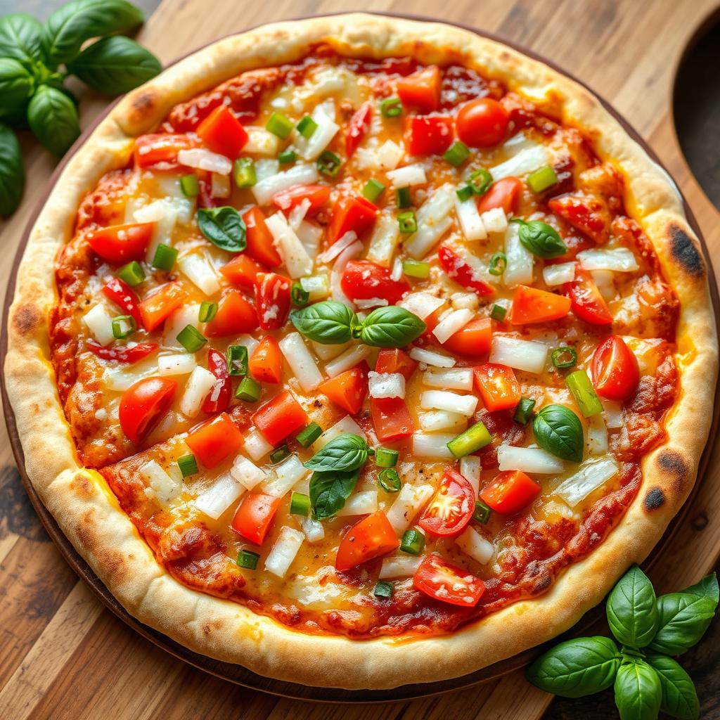 A delicious pizza adorned with a zesty medley of fresh chopped onions, ripe tomatoes, and vibrant green and red capsicum, all nestled on a perfectly baked, cheesy crust