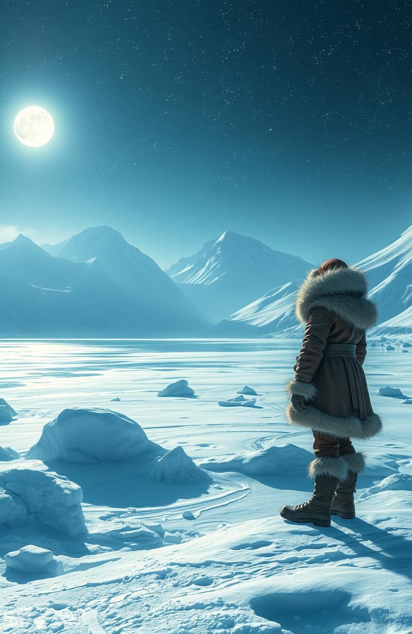 A vast, expansive landscape blanketed in pristine snow and shimmering ice under a starry night sky
