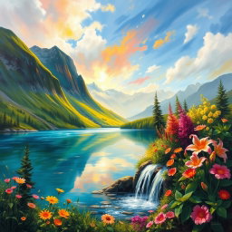 A stunning oil painting depicting a breathtaking natural scene, featuring lush greenery, vibrant flowers in full bloom, and a serene, crystal-clear lake reflecting the colorful sky