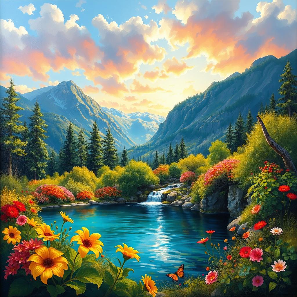 A stunning oil painting depicting a breathtaking natural scene, featuring lush greenery, vibrant flowers in full bloom, and a serene, crystal-clear lake reflecting the colorful sky
