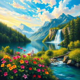 A stunning oil painting depicting a breathtaking natural scene, featuring lush greenery, vibrant flowers in full bloom, and a serene, crystal-clear lake reflecting the colorful sky