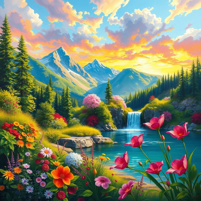A stunning oil painting depicting a breathtaking natural scene, featuring lush greenery, vibrant flowers in full bloom, and a serene, crystal-clear lake reflecting the colorful sky