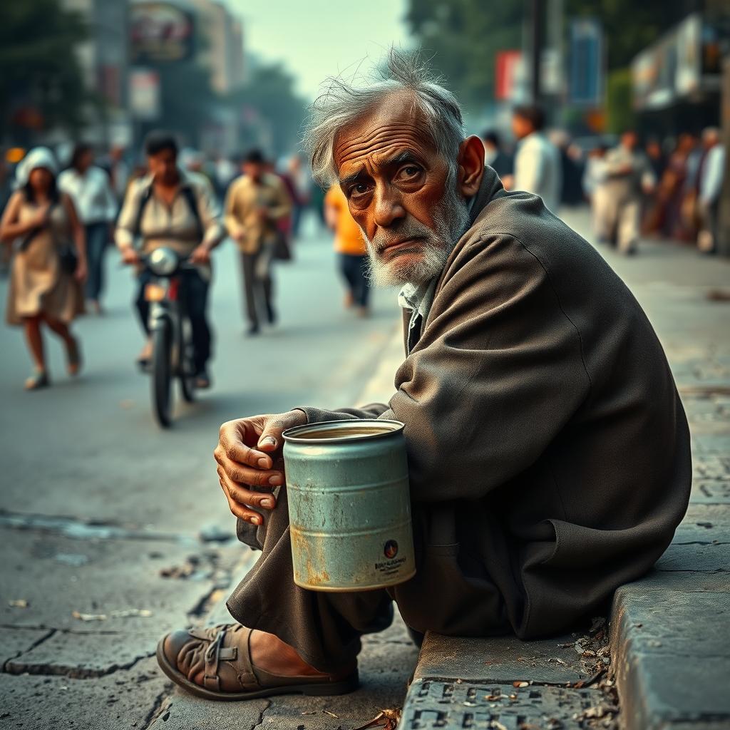 An elderly man sitting on the side of a road, holding a tin can with a few coins inside