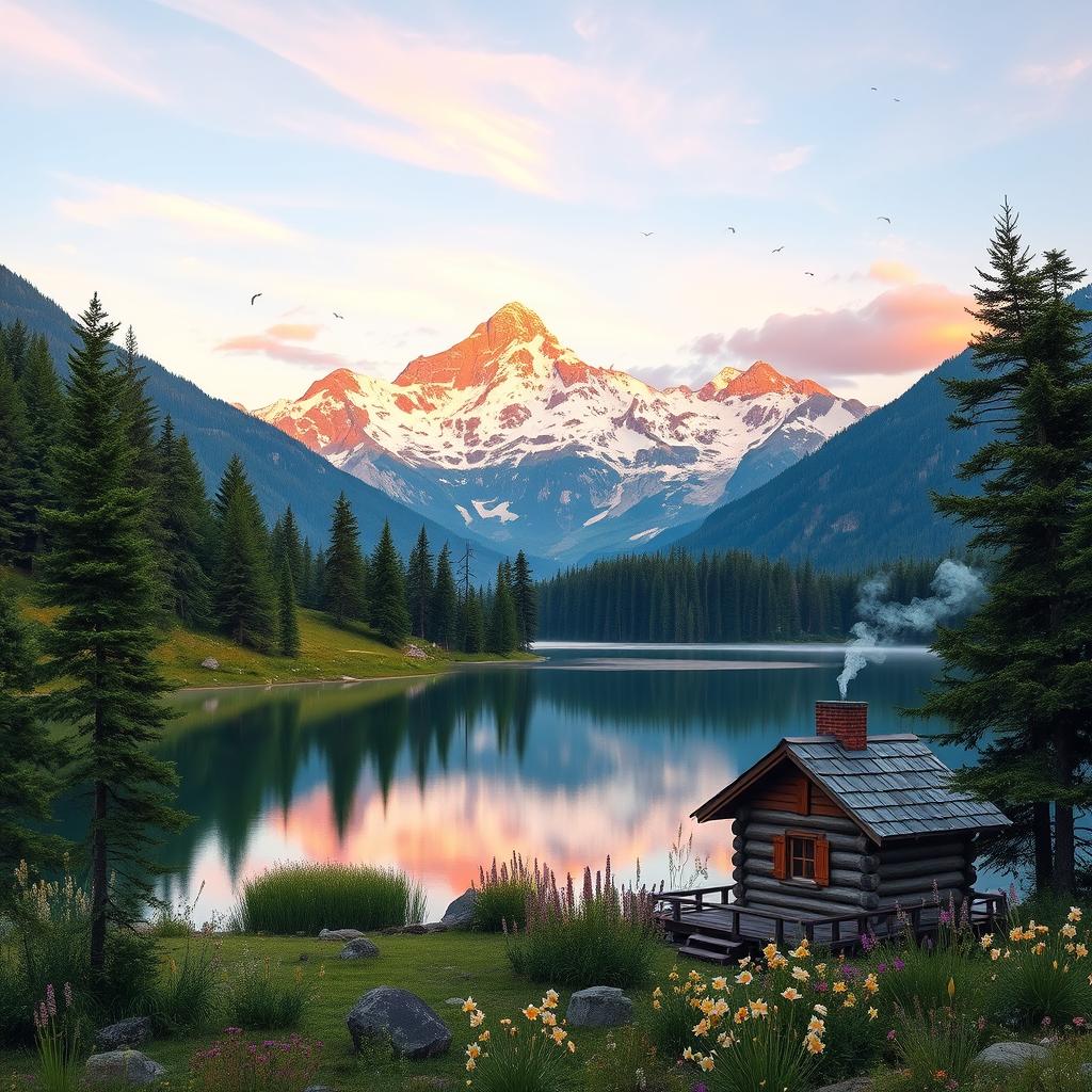 A serene landscape featuring a majestic mountain range in the background during sunrise, with soft pastel colors illuminating the sky
