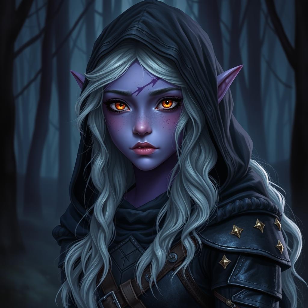 A young nocturnal elf with purple skin, long, wavy white hair, and eyes that lack irises with golden pupils