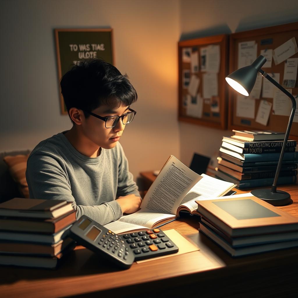 A focused study scene featuring a person sitting next to a large, modern calculator on a wooden desk