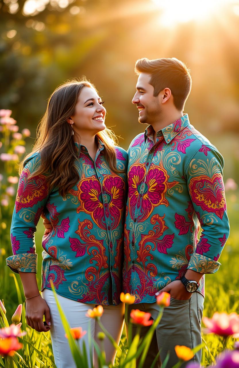 A romantic scene featuring two people in love, wearing matching shirts that reflect their deep connection