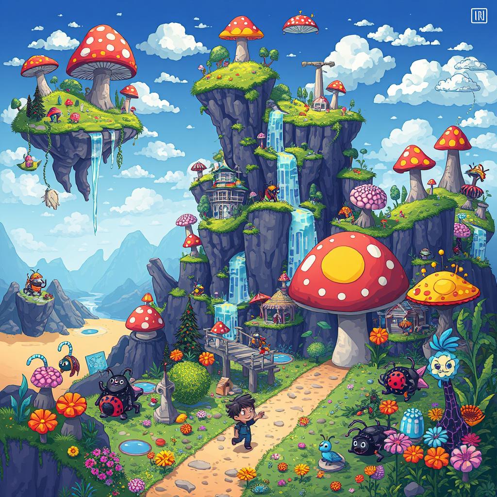 A vibrant and chaotic pixel art world filled with a mix of fantastical and surreal elements