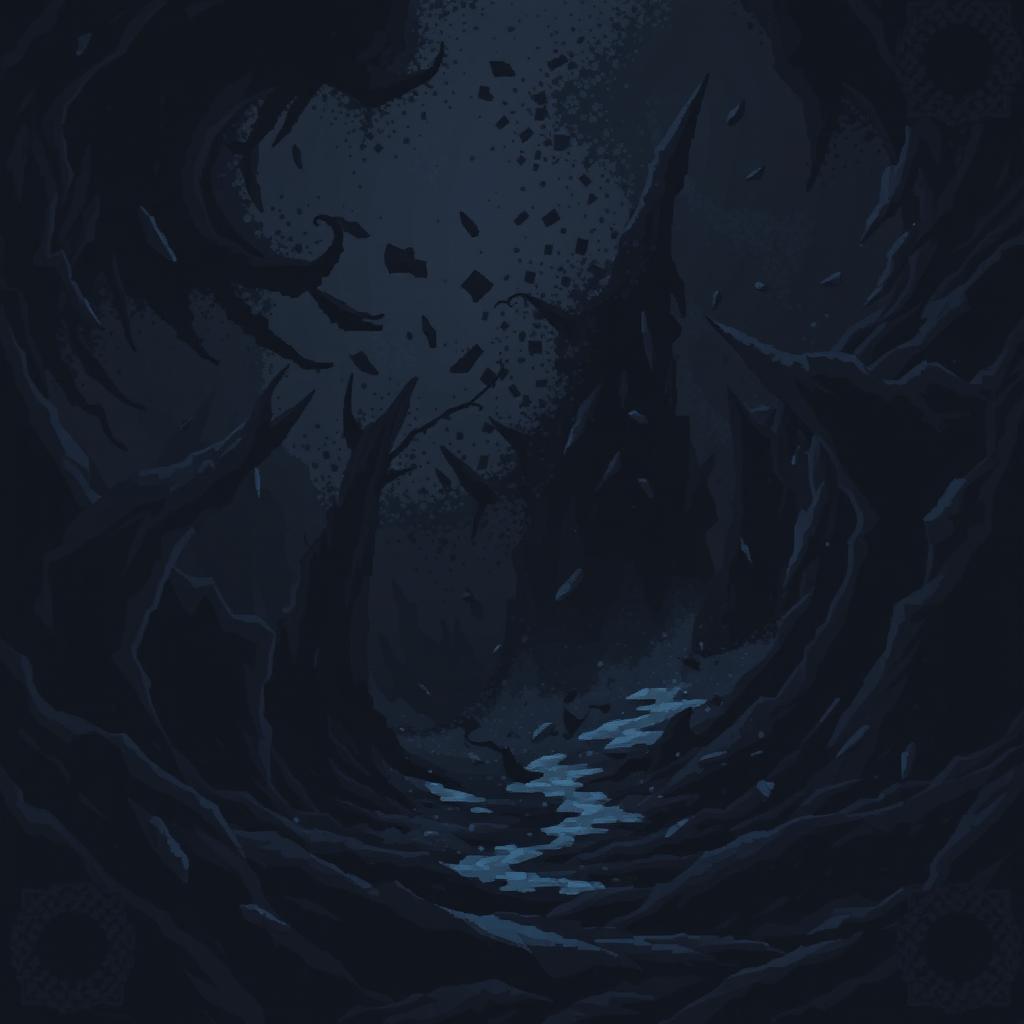 A chaotic black world represented in pixel art, 128x128 pixels
