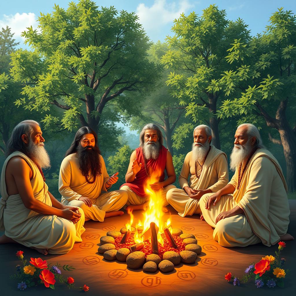 A group of Rishis performing a traditional Yagna in a serene forest setting