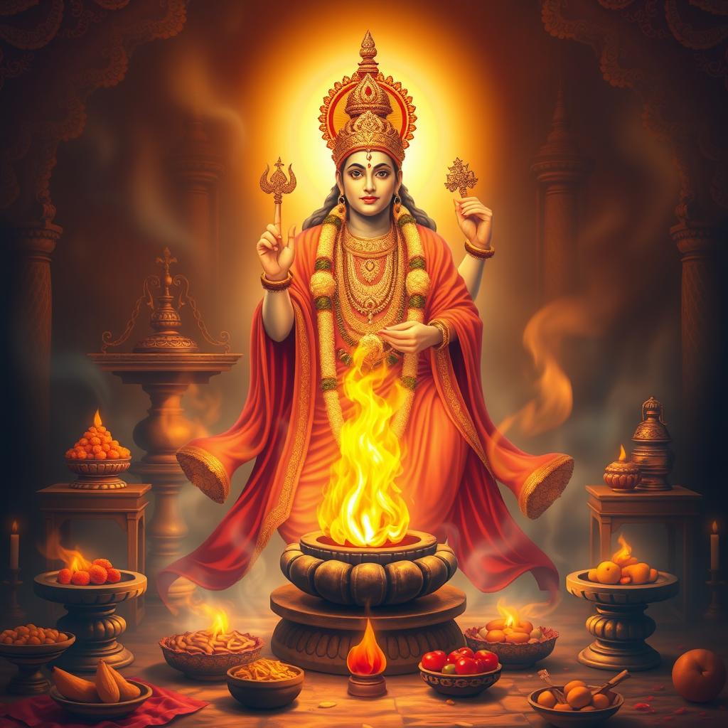 A divine depiction of Yagna Bhagavan, illustrating a majestic and ethereal figure adorned in vibrant traditional attire symbolizing fire rituals
