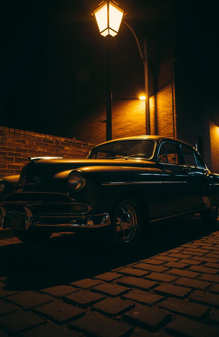 A vintage car parked under a dimly lit streetlight, casting a soft golden glow on the surrounding cobblestone street
