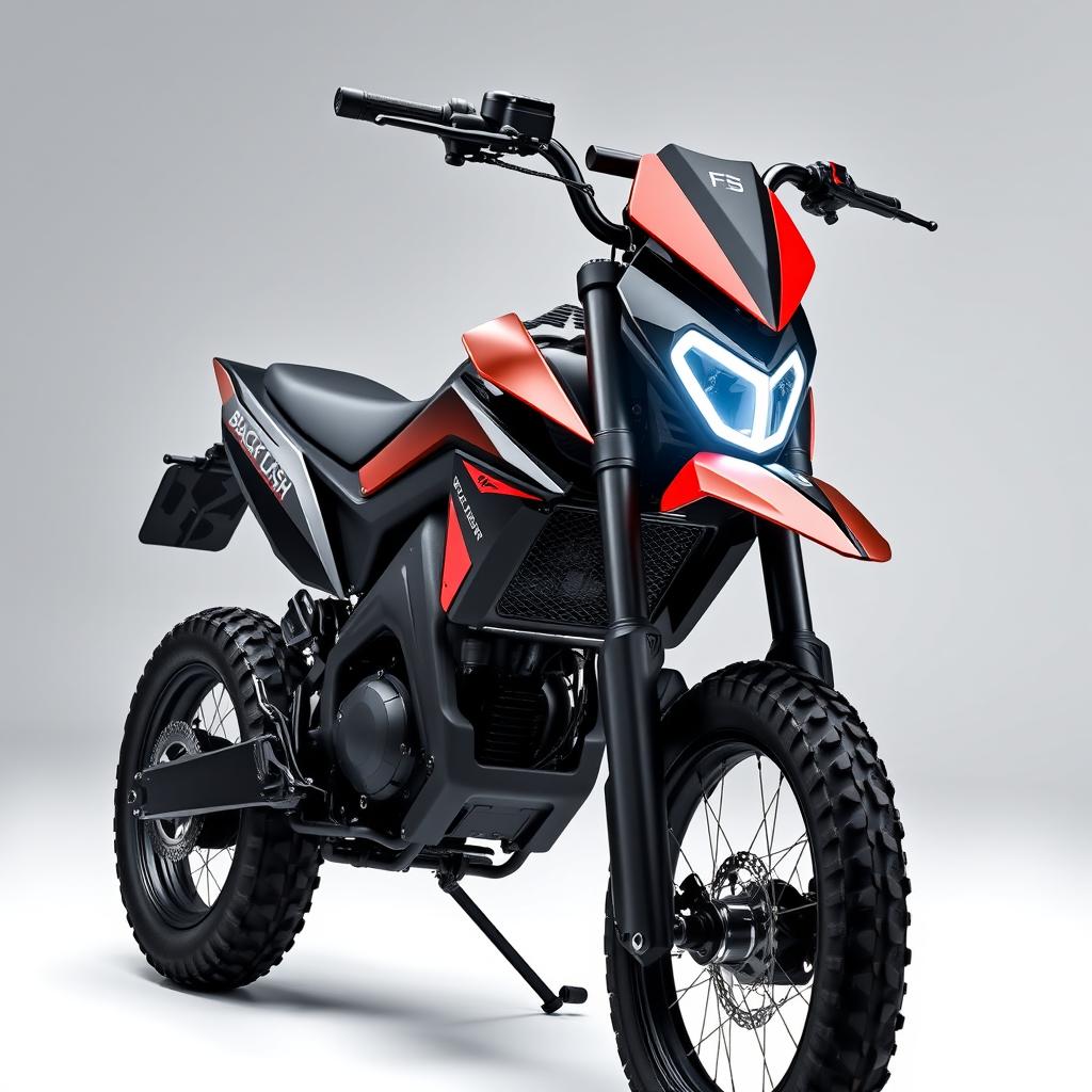 A unique electric pit bike with sharp contours and a sleek, yet sophisticated style, featuring a fashionable and modern design in black and red colors