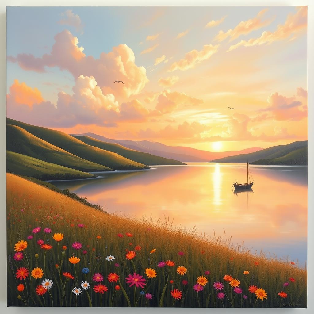 A serene and tranquil oil painting depicting a picturesque landscape with rolling hills and a calm lake reflecting the soft hues of a sunset
