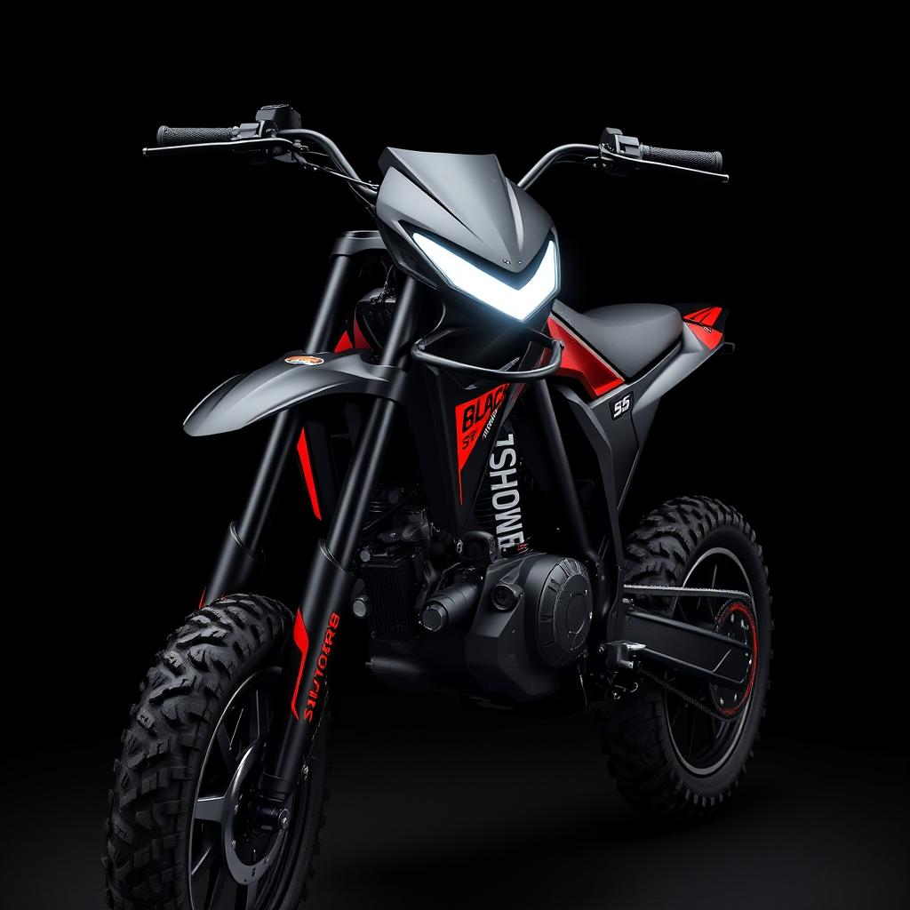 A unique electric pit bike with sharp contours and a sleek yet strict design, featuring a fashionable and modern aesthetic in a striking black and red color scheme