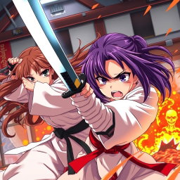 A dynamic scene featuring two epic anime-style karate girls engaged in an intense duel