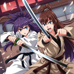 A dynamic scene featuring two epic anime-style karate girls engaged in an intense duel